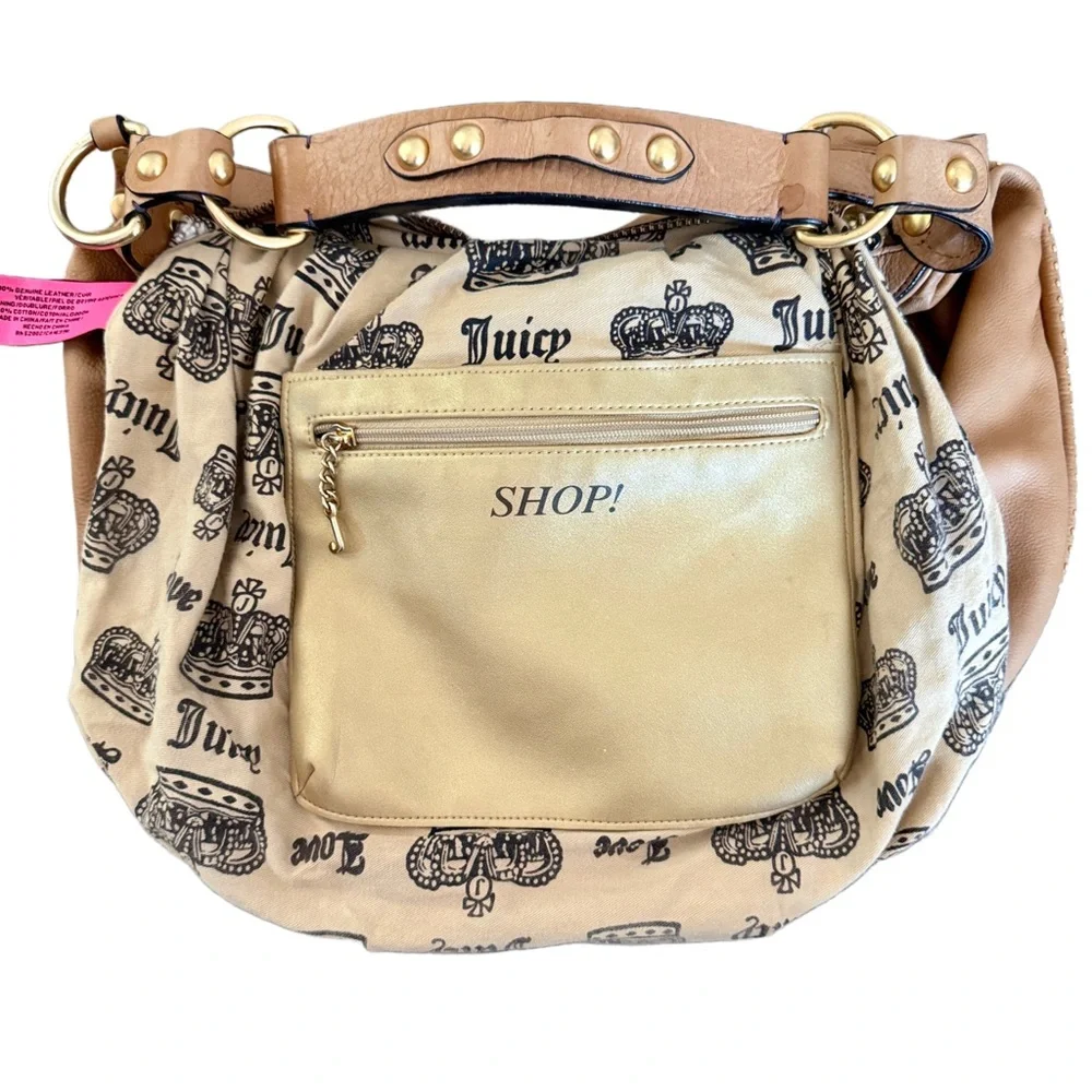 Vintage Y2K Juicy Couture Tan Cowhide Leather Hobo Bag Crown Stud Needs Rehab